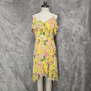 London Times Petites Yellow Floral Chiffon Ruffle Cold Shoulder Dress 10P Spring